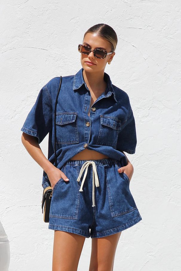 Women's Clothing Casual Loose Pocket Short Sleeved Shirt Denim Two Piece Suit_ecoleips.com