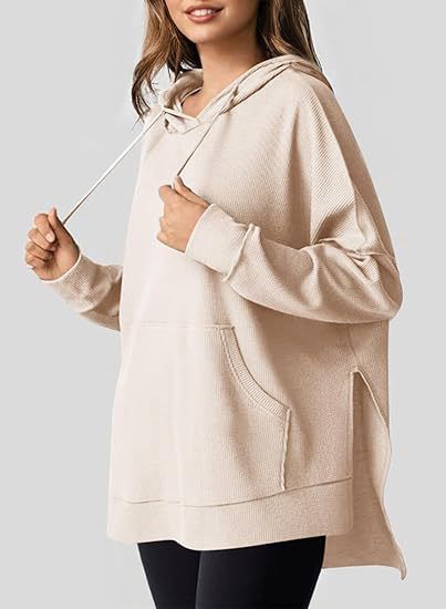Autumn/Winter Women's Hoodie With Waffle Knit Design, Side Split, Pullover, And Long Sleeves With Pockets_ecoleips.com