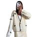 Women's Clothing Knit Cardigan V Neck Elegant White Bow-Knot Knit Cardigan For Women - V-Neck Long Sleeve Casual Blouse With Contrast Trim_ecoleips.com
