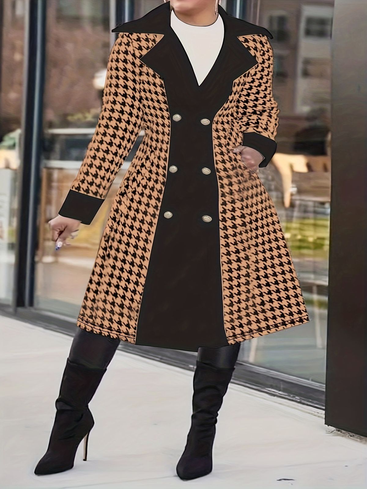 Women's Patchwork Placket Trench Coat Houndstooth Design Mid-Length Fashion Autumn Winter plus Size Clothing_ecoleips.com