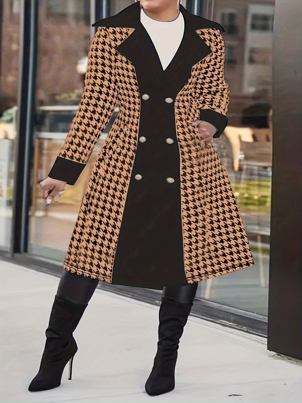 Women's Patchwork Placket Trench Coat Houndstooth Design Mid-Length Fashion Autumn Winter plus Size Clothing_ecoleips.com