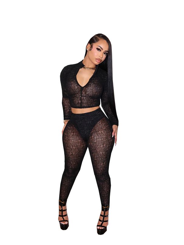 TW831 Women's Spring Autumn Sexy High Neck Zipper Crop Top Long Sleeve Two Piece Set with Tight Pants_ecoleips.com