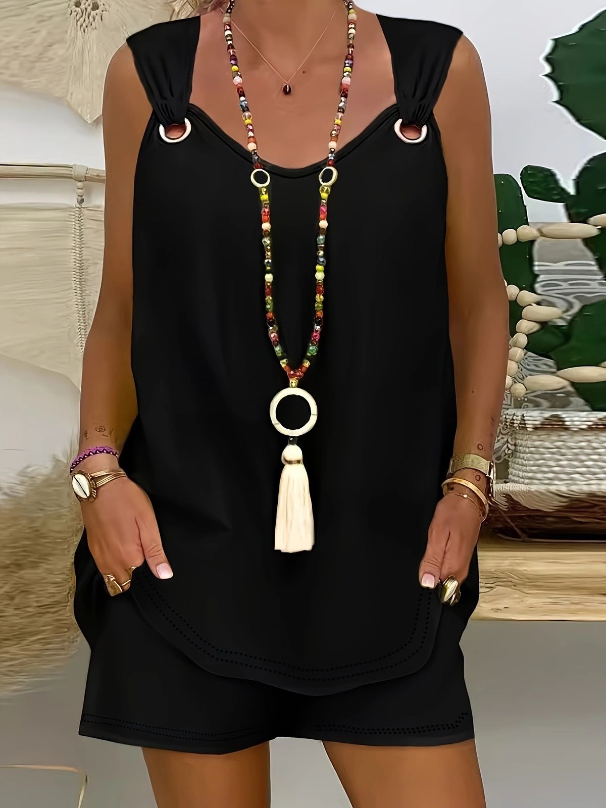 Women's Solid Color Sleeveless Shorts Set, Elegant Round Neck Two-Piece Outfit For Work & Casual_ecoleips.com
