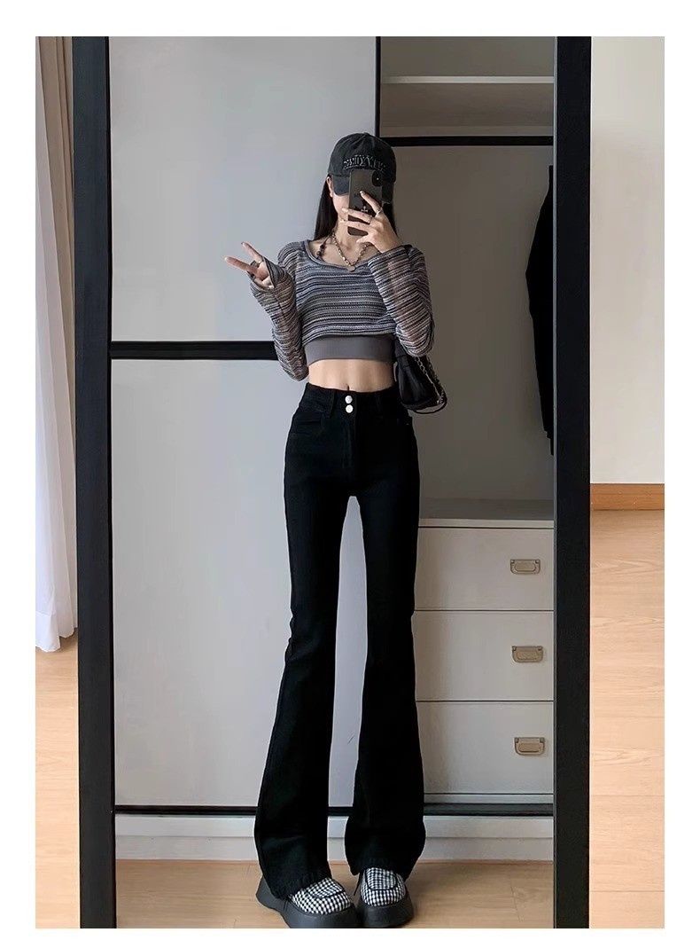 Cement Gray Flared Jeans Women, Spring And Autumn 2024 New Style, High-waisted, Slim-fit, Stretchy Bell-bottom Pants For_ecoleips.com
