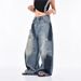 American-style Splatter-paint Ripped Curved Hem Jeans For Women, New High Street Loose Retro Design Versatile Wide-leg_ecoleips.com