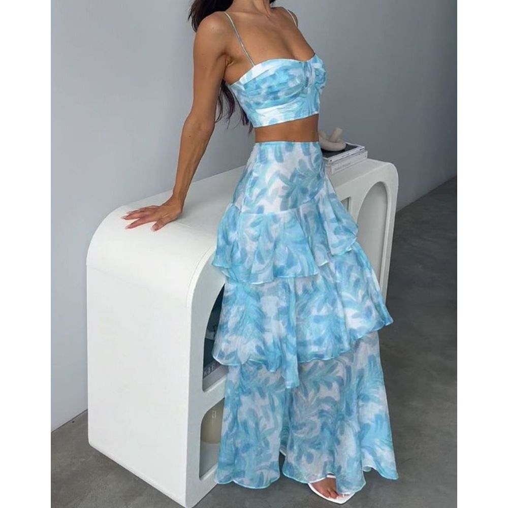 Women's clothing new suspender chest wrap printed sleeves backless tops slit two piece set_ecoleips.com