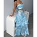 Women's clothing new suspender chest wrap printed sleeves backless tops slit two piece set_ecoleips.com