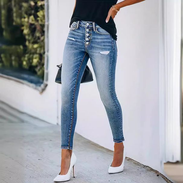 Women's Clothing Button Down Ripped Denim Skinny Pants Fashion Pencil Pants_ecoleips.com