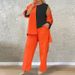 Women's plus Size Color-Block Cardigan Top with round Neck Sleeveless Vest Elastic Waist Pocket Straight Leg Trousers Casual Set_ecoleips.com