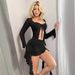 Sexy Women's Ho Girl Oufi Lace-Up Cardigan Mesh See-Through Hollow Long Sleeve Summer Shor Skir Ribbon Two-Piece_ecoleips.com