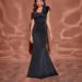 Elegant Off-Shoulder Black Evening Dress With Ruffled Short Sleeves Slim Fit Long Formal Gown For Parties(Polyester Blend, Classic BlackJewel Tones)_ecoleips.com
