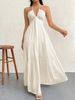 Off-Shoulder V-Neck Pleated Backless A-Line Summer Dress (Hawaii Beach / Tea Party / White Graduation Outfit)_ecoleips.com