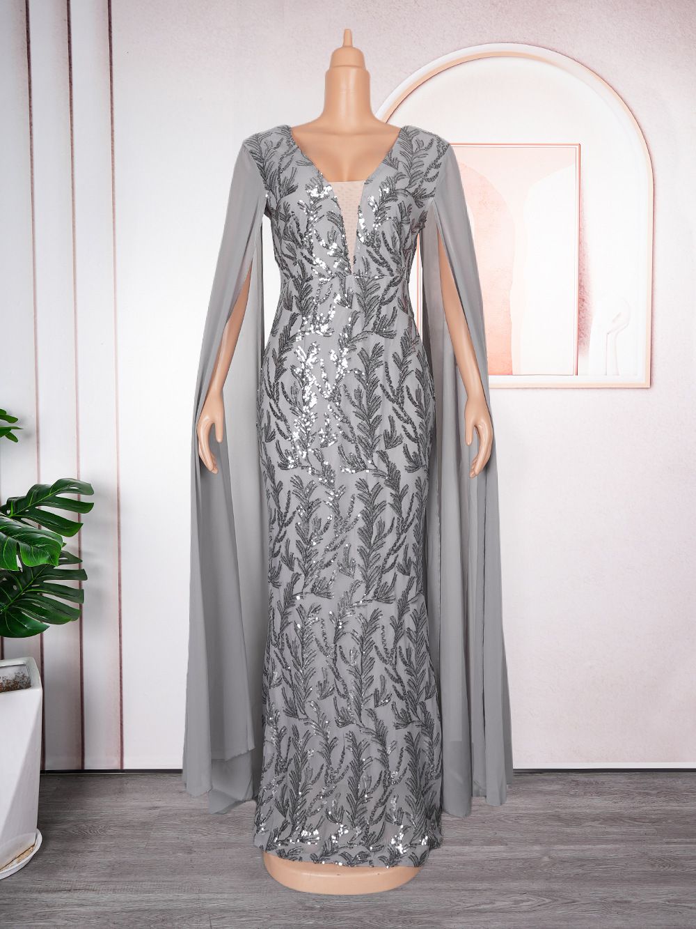 Women's Clothing Ball Evening Dress Long Skirt Plus Size Women's Clothing V Neck Sequin Dress_ecoleips.com