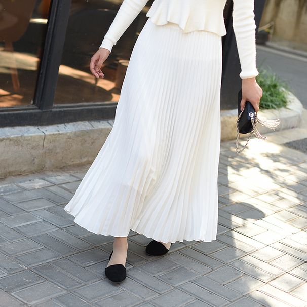 K New Solid Color Long Plus Size Pleated Skirt, High Waist Half Skirt, Women's Elastic Waist Skirt_ecoleips.com