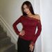 Women's Autumn Long Sleeve T-Shirt Asymmetrical Neckline Lace Patchwork Short Off-Shoulder Sexy Top Fit True to Size_ecoleips.com