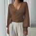 Women's V-Neck Wool Blend Sweater Top - Elegant Cross Strap Design, Winter Pullover For Casual & Office Wear_ecoleips.com