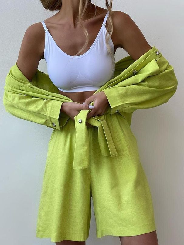 Fashion Plus Size Women's Clothing Spring Casual Single Breasted Long Sleeved Solid Color Shirt Loose Shorts Suit Women_ecoleips.com