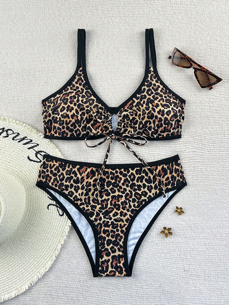 Leopard Print Tie Waist Bikini Sexy Swimwear European American Style Polyester Beachwear for Women_ecoleips.com