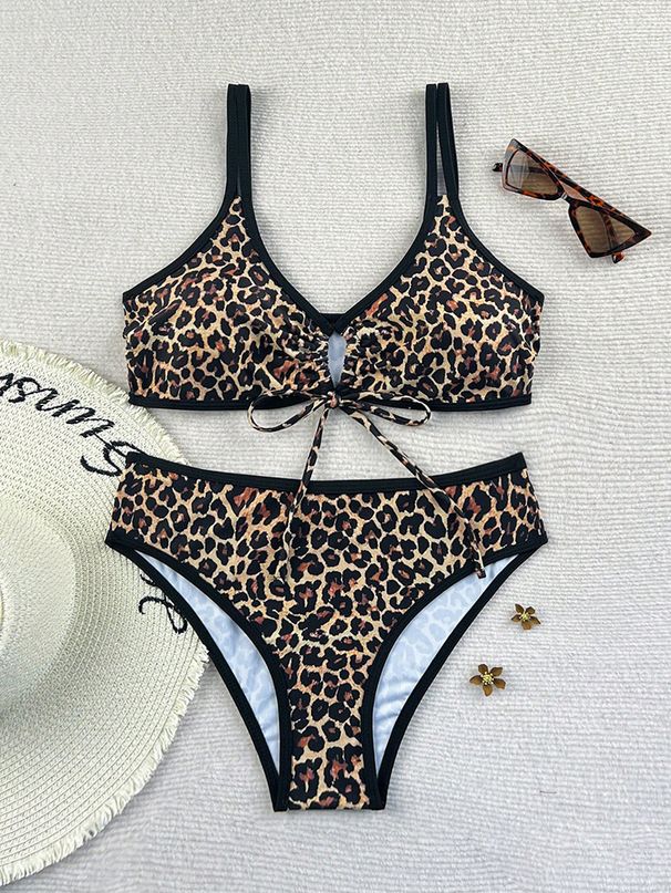 Leopard Print Tie Waist Bikini Sexy Swimwear European American Style Polyester Beachwear for Women_ecoleips.com