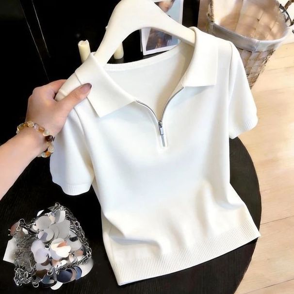 Women's Summer Slimming Knitted Polo Shirt Solid Color Loose Fit Base Top For Commuting And Outerwear Popular Style_ecoleips.com