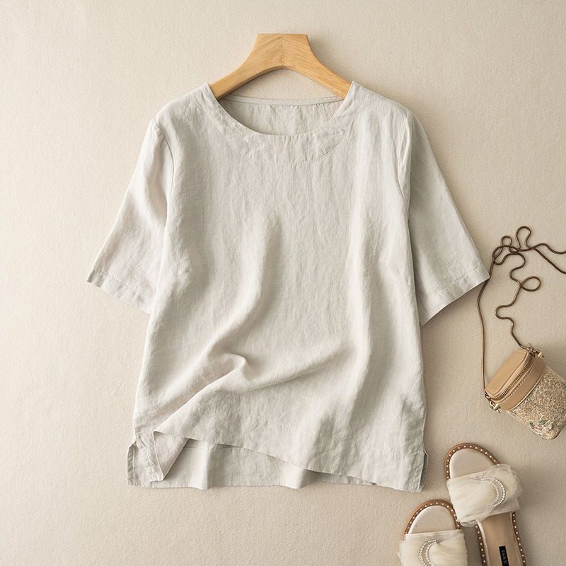 Women's Cotton-Linen Short-Sleeved T-Shirt With A Literary, Retro Vibe; Summer-Friendly, Loose-Fitting Casual Sweater._ecoleips.com