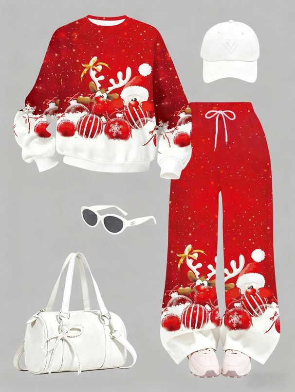 Women's Casual Style Autumn Winter Ink Painting Print Top And Bottom Set Christmas Theme_ecoleips.com