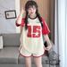 Unisex Raglan Sleeve Color Block Short Sleeve Top With Wide Leg Shorts Set - American Casual Sportswear Outfit_ecoleips.com