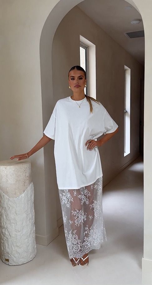 New Casual Lazy Short-sleeved T-shirt Skirt Fashion Temperament Lace Splicing Perspective Hem Foreign Style And Floor Skirt_ecoleips.com