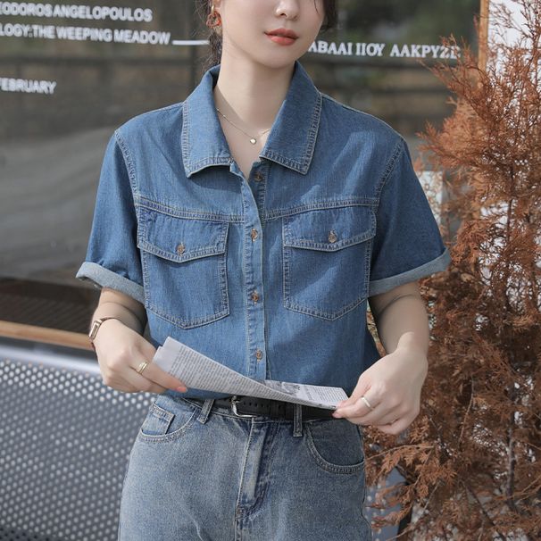 French Retro Denim Short Sleeve Shirt For Women Summer 2024 New Petite Elegant Top Niche Artistic_ecoleips.com