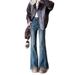 Retro Blue Frayed Hem Flared Jeans For Women, New Spring-summer High-waisted Slimming Design With Hip-covering Slit_ecoleips.com