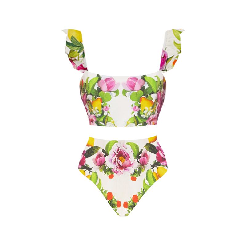 Women's High Waist Bikini Set - Floral Print Two-Piece Swimsuit With Side Split_ecoleips.com
