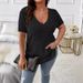 2025 Spring Summer Hot-Selling Cross-Border Solid Color Plus Size Women's Elegant Top V-Neck Ribbed Short Sleeve_ecoleips.com