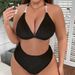 2026 New European And American Suspender Neck Large Size Beach Swimsuit Women's Solid Color High Waist Sexy Bikini_ecoleips.com