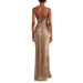Elegant Pleated Gold-Tie Maxi Dress With High Slit For Casual & Party Wear – British Style, Polyester Blend, S/M/L/XL_ecoleips.com