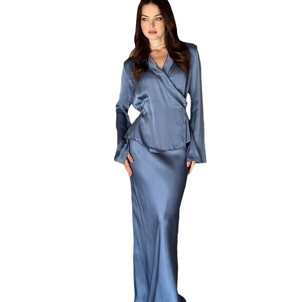 Modest Set Satin V-Neck Blouse & Flowy Skirt Set – Effortlessly Elegant Workwear Ensemble_ecoleips.com
