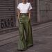 Women's Clothing Leather Pants High Waist Loose Pocket Waist Pu Leather Flared Pants Casual Trousers_ecoleips.com