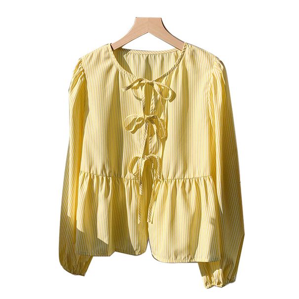 Women's Long Sleeve Striped Shirt Drawstring Top Versatile Easy To Match Autumn New Style_ecoleips.com