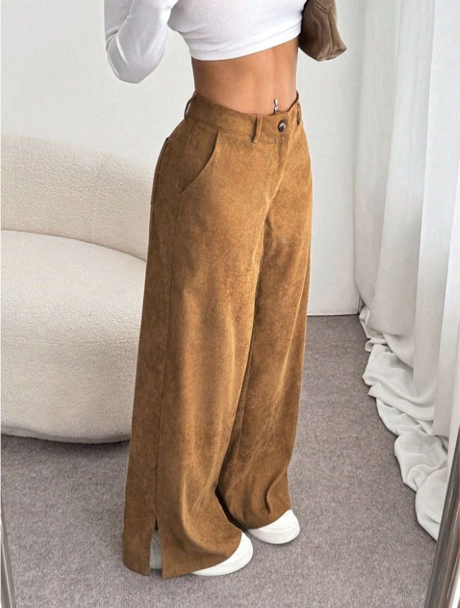 Women's Casual Corduroy Pants Mid-Waisted Slit Loose Straight Leg Floor Length Fashion Spring Autumn England Style_ecoleips.com