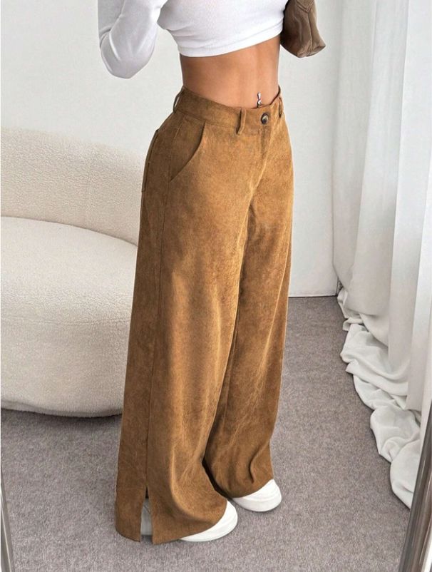 Women's Casual Corduroy Pants Mid-Waisted Slit Loose Straight Leg Floor Length Fashion Spring Autumn England Style_ecoleips.com