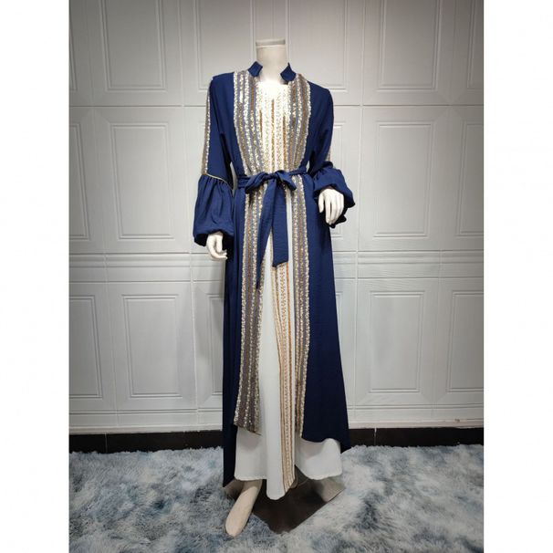 Keweit Long Robe Muslim Fashion Women's Clothing Sequin Embroidery Two-Piece Set Puff Sleeve Dress_ecoleips.com