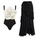 Black White One Piece Swimsuit for Women with Large Flower Chest Decoration New Style_ecoleips.com