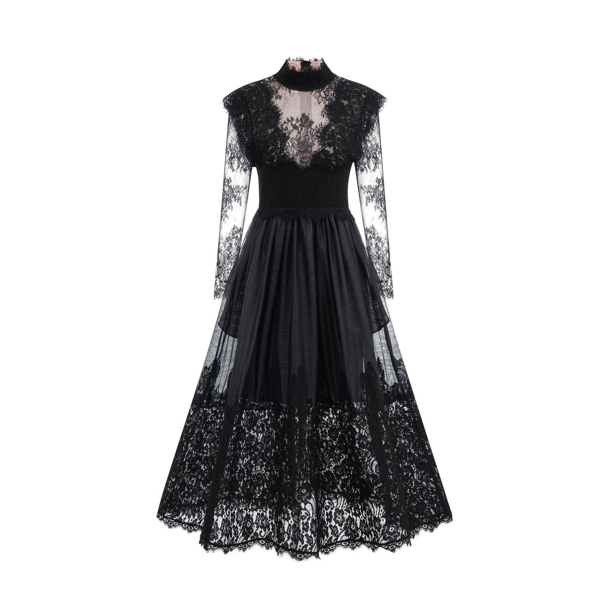 Long Sleeved Lace Half High Collar Splicing Dress Sweet Temperament Elegant Long Evening Dress Skirt_ecoleips.com