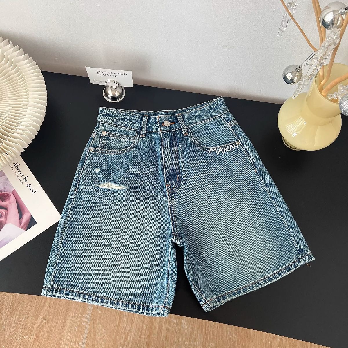 Women's Clothing Retro American Blue Ripped Jeans High Waist Wide Leg Straight Mid Length Trendy Summer Style For Women_ecoleips.com