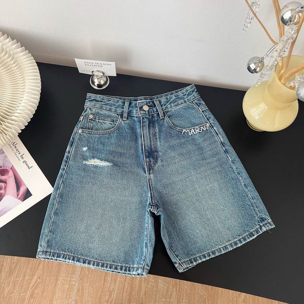 Women's Clothing Retro American Blue Ripped Jeans High Waist Wide Leg Straight Mid Length Trendy Summer Style For Women_ecoleips.com