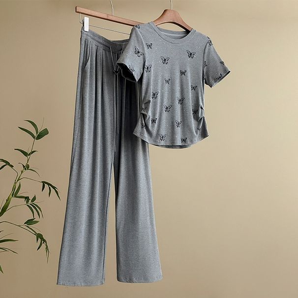 Women's Clothing Butterfly Printed Hot Drilling Short-Sleeved Suit Women's Summer Age-Reducing Wide-Leg Pants Sports Two-Piece Set_ecoleips.com