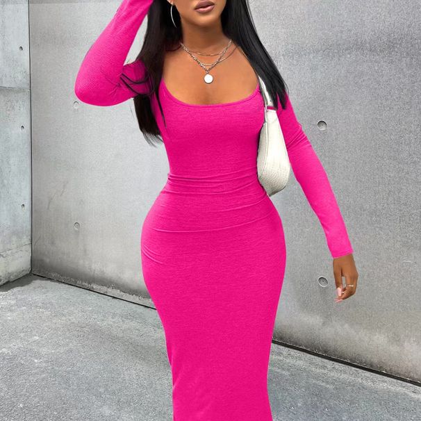 Women's Fashion Solid Color Sexy Long Sleeve Bodycon Dress - Street Style Round Neck Slim Fit Polyester Dress For Casual & Party Wear_ecoleips.com
