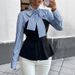 Elegant Striped Mock Two-Piece Blouse – Polyester-Spandex Blend Office Shirt With Peplum Hem (S/M/L/XL, Long Sleeve, Round Neck, Tailored Fit )_ecoleips.com