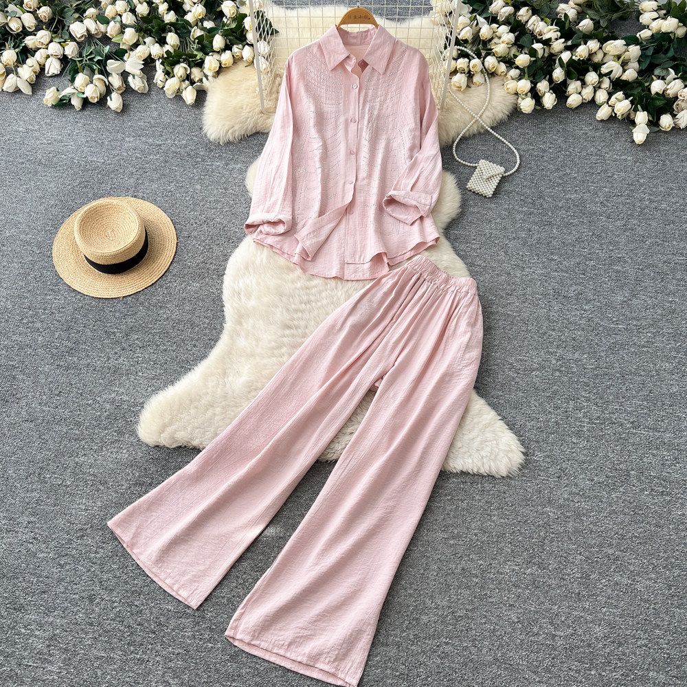 Relaxed And Stylish Two Piece Set For Women, Featuring A Striped Shirt And Wide Leg Pants With Rhinestone Embellishments, Perfect For Spring And Autumn Commuting And Casual Wear._ecoleips.com