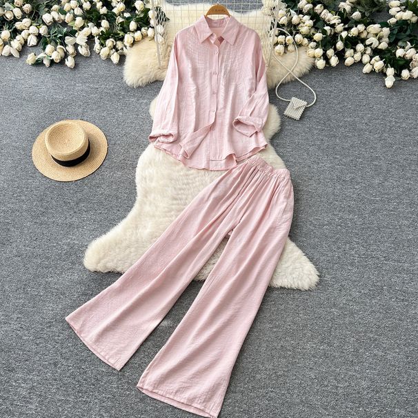 Relaxed And Stylish Two Piece Set For Women, Featuring A Striped Shirt And Wide Leg Pants With Rhinestone Embellishments, Perfect For Spring And Autumn Commuting And Casual Wear._ecoleips.com