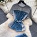 Retro Patchwork Denim Set for Women Short Sleeved Hong Kong Style Summer Casual Straight Leg Pants Two Piece Slimming Outfit_ecoleips.com